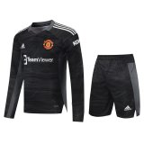 2021-2022 Manchester United Goalkeeper Black Long Sleeve Football Shirt (Shirt + Shorts) Men's