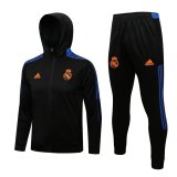 2021-2022 Real Madrid Hoodie Black - Blue Football Training Set (Jacket + Pants) Men's